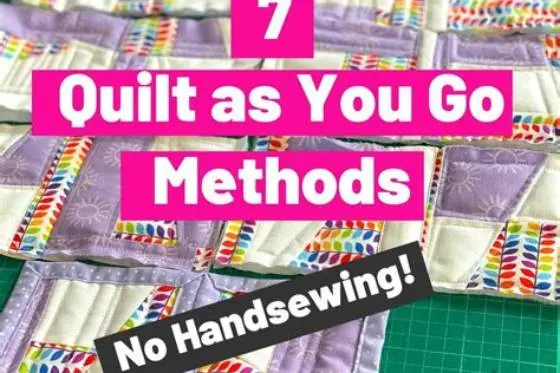 Quilted blocks joined with flat sashing strips on a sewing table