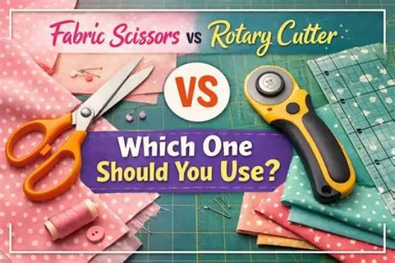 Rotary cutter cutting layered fabric on a cutting mat