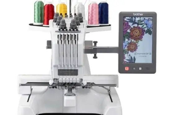 close-up of a 6 needle embroidery machine stitching colorful thread