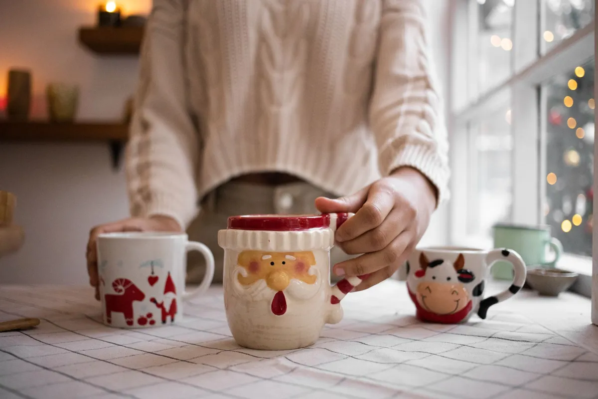 Christmas mug with a cookie on a small quilt