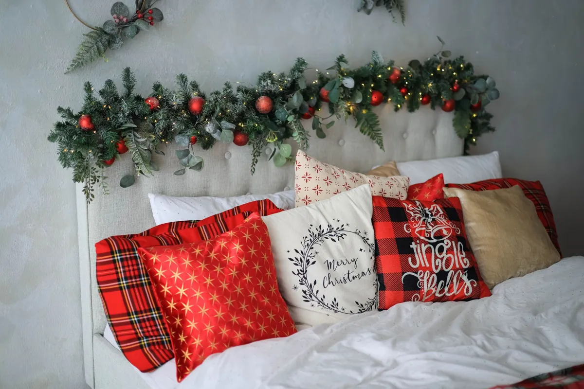 Christmas pillows on a sofa